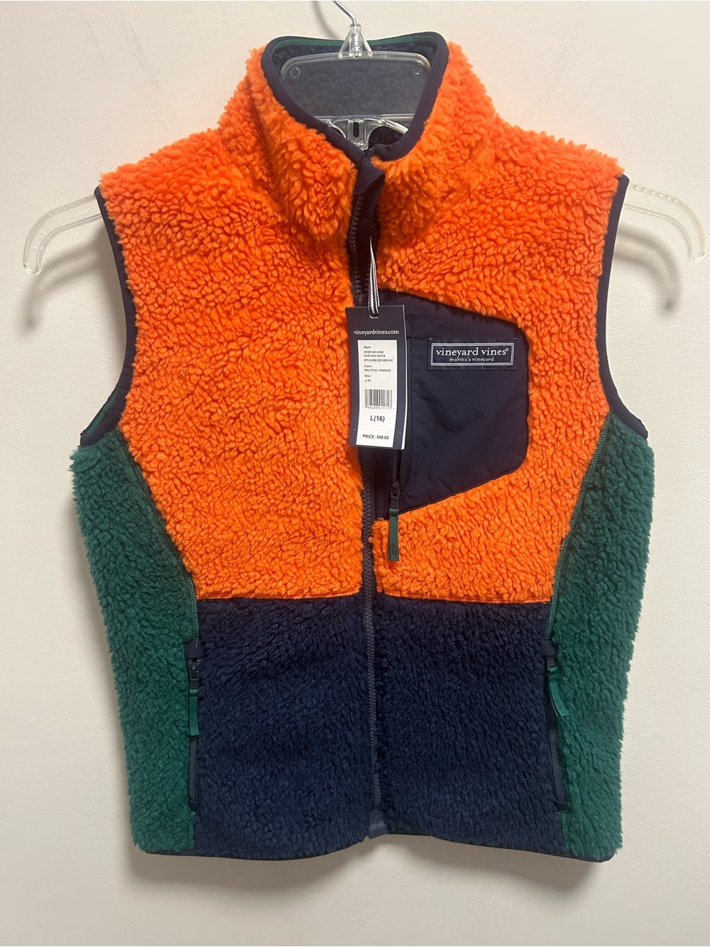 Vineyard Vines Kids Colorblock Sherpa Vest in Orange, Green & Navy
